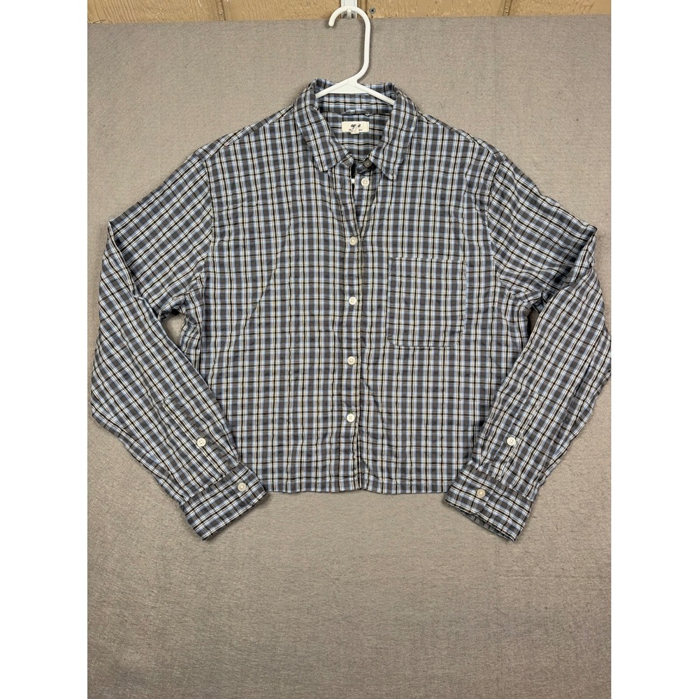 Aerie Womens Blue Grey Plaid Button Down‎ Shirt Lightweight Cropped Small